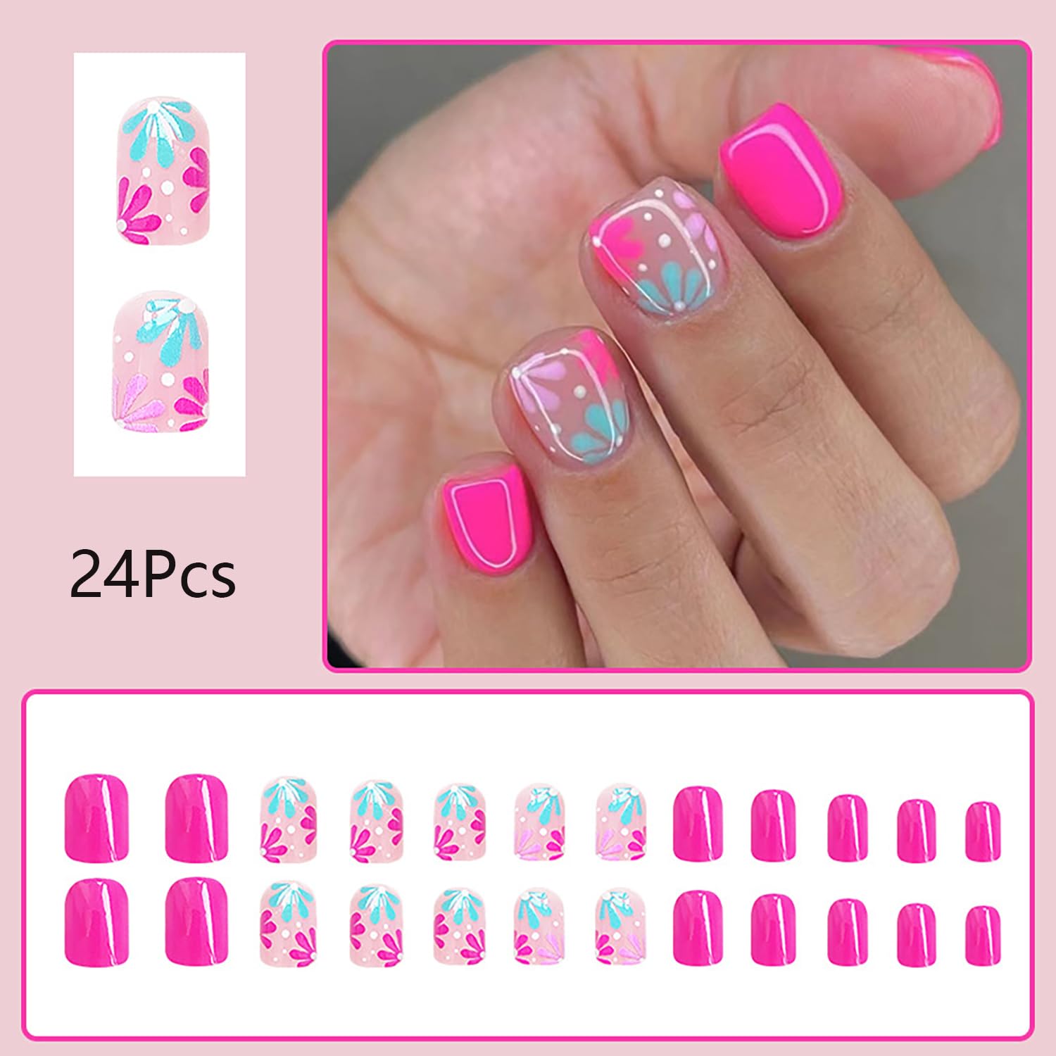 24 Pcs Pink Square Press on Nails Short Fake Nails Cute Floral False Nails Spring Summer Flower Nails Design Acrylic Nails Press ons Reusable Stick on Nails Artificial Nails for Women - Image 2