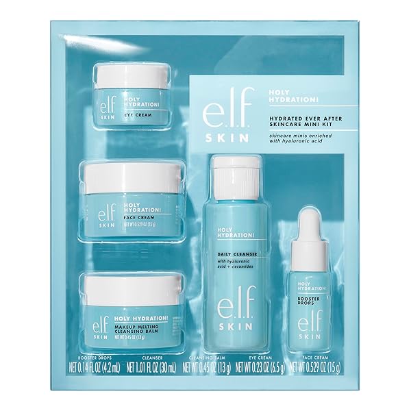 E.L.F. SKIN HOLY HYDRATION! HYDRATED EVER AFTER SKINCARE MINI KIT, CLEANSER, MAKEUP REMOVER, MOISTURISER & EYE CREAM FOR HYDRATING SKIN, AIRPLANE-FRIENDLY SIZES
