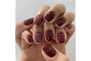 XENOPHOER Short Press on Nails Square Fall Burgundy Fake Nails with Golden Glitter Designs Acrylic Nails Press ons Reusable Glue on Nails for Women and Girls Daily Wear 24 Pcs