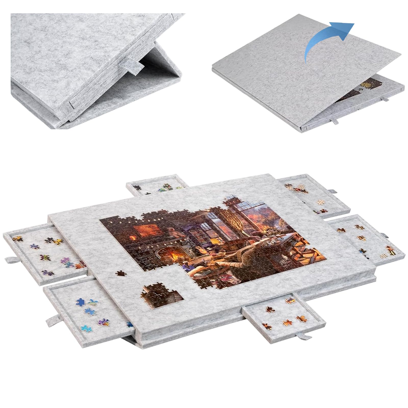 1000 Pieces Jigsaw Puzzle Board, 2-in-1 Foldable Tilting Jigsaw Table with 6 Drawers, Multifunctional Portable Felt Puzzle Plateau Board for DIY (Grey)
