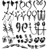 16 Pairs Stainless Steel Punk Y2K Black Dangle Earrings for Men, Axe Skull Screw Cone etc Huggie Hoop Long Chain Piercing Hoop Earrings Set for Unisex Earrings for Women