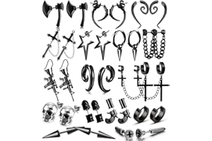 WYYW 16 Pairs Stainless Steel Punk Y2K Black Dangle Earrings for Men, Axe Skull Screw Cone etc Huggie Hoop Long Chain Piercing Hoop Earrings Set for Unisex Earrings for Women