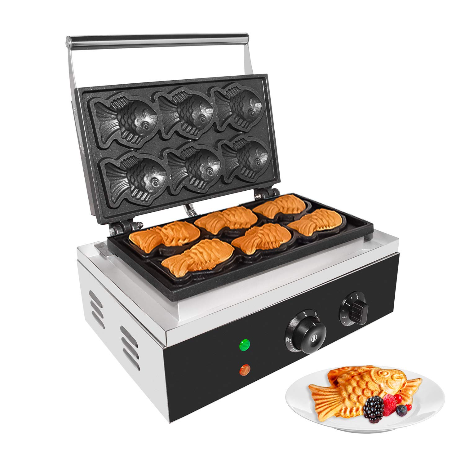 GorillaRock Fish Shaped Waffle Machine | Stainless Steel Mini Taiyaki Maker with Nonstick Baking Molds | 6 Small Fish Shaped Waffles | 110V | 1.5kW