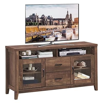 Buy Tangkula Wooden Tv Stand For Tv S Up To 65 Inch Retro Style Tall Tv Stand With Drawers Tempered Glass Doors Rustic Media Storage Console Cabinet For Living Room Tv Entertainment Center