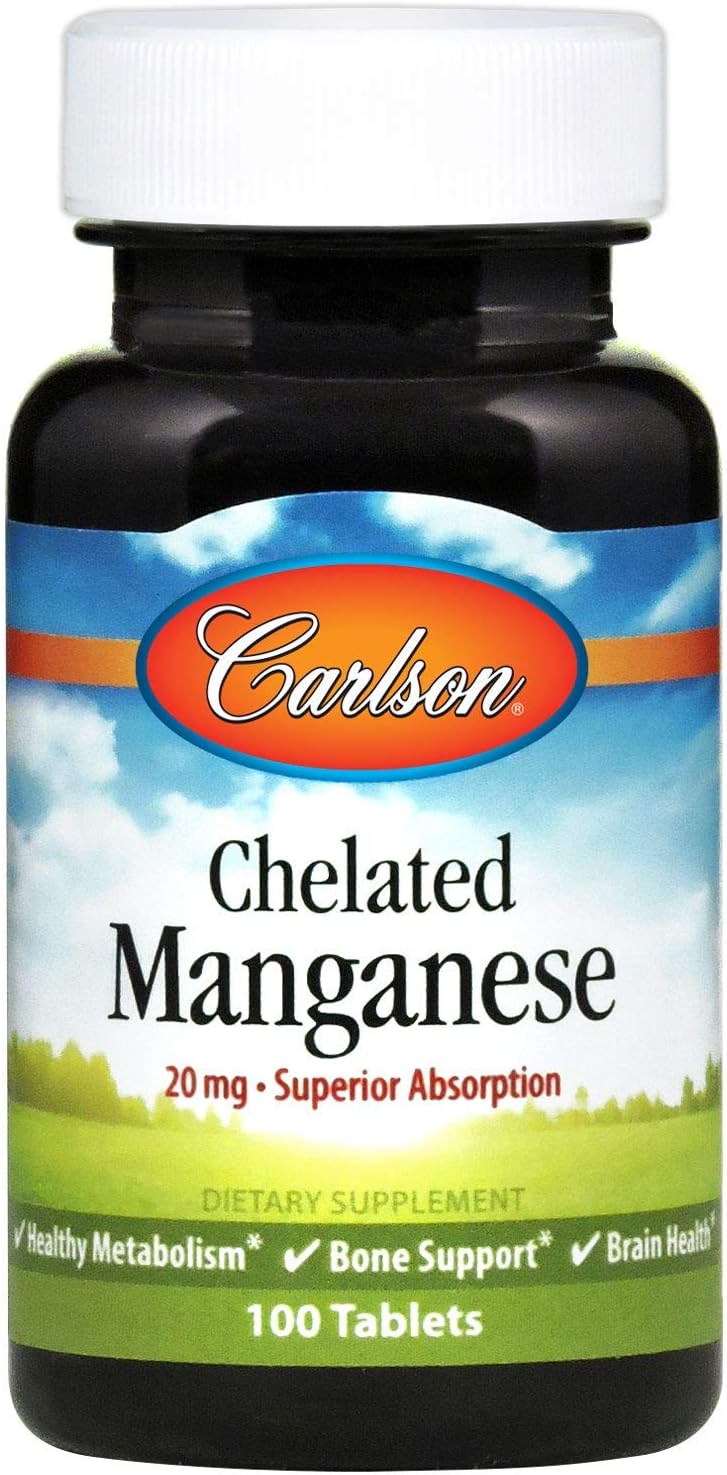 Carlson - Chelated Manganese, 20 mg, Superior Absorption, Healthy Metabolism, Bone Support & Brain Health, 100 Tablets: Health & Personal Care