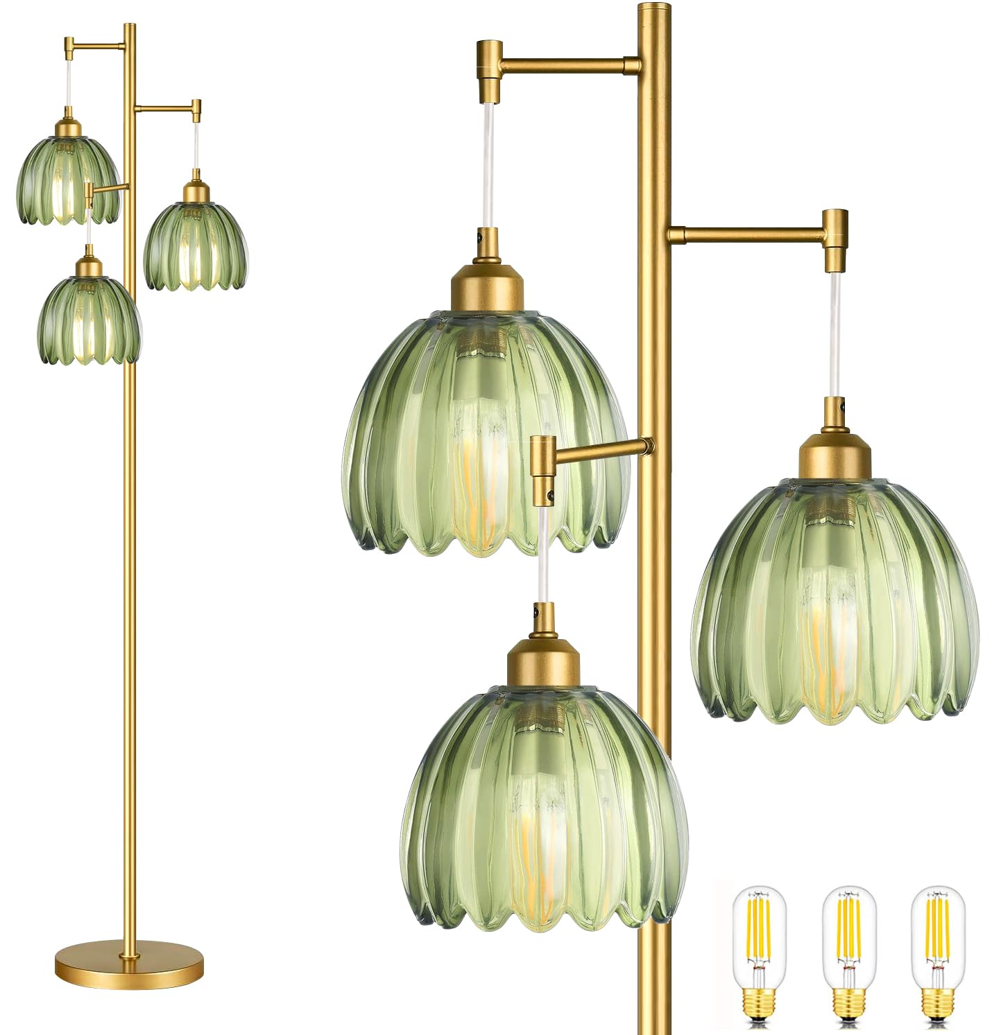 Photo 1 of QIYIZM Gold Floor Lamp for Living Room,Bedroom,Mid Century Modern Standing Lamp Brass Tree 3 Light Tall Floor Lamps Vintage Retro Floor Lights Glass Green Flower Lamp Shade Farmhouse Boho Bohemian