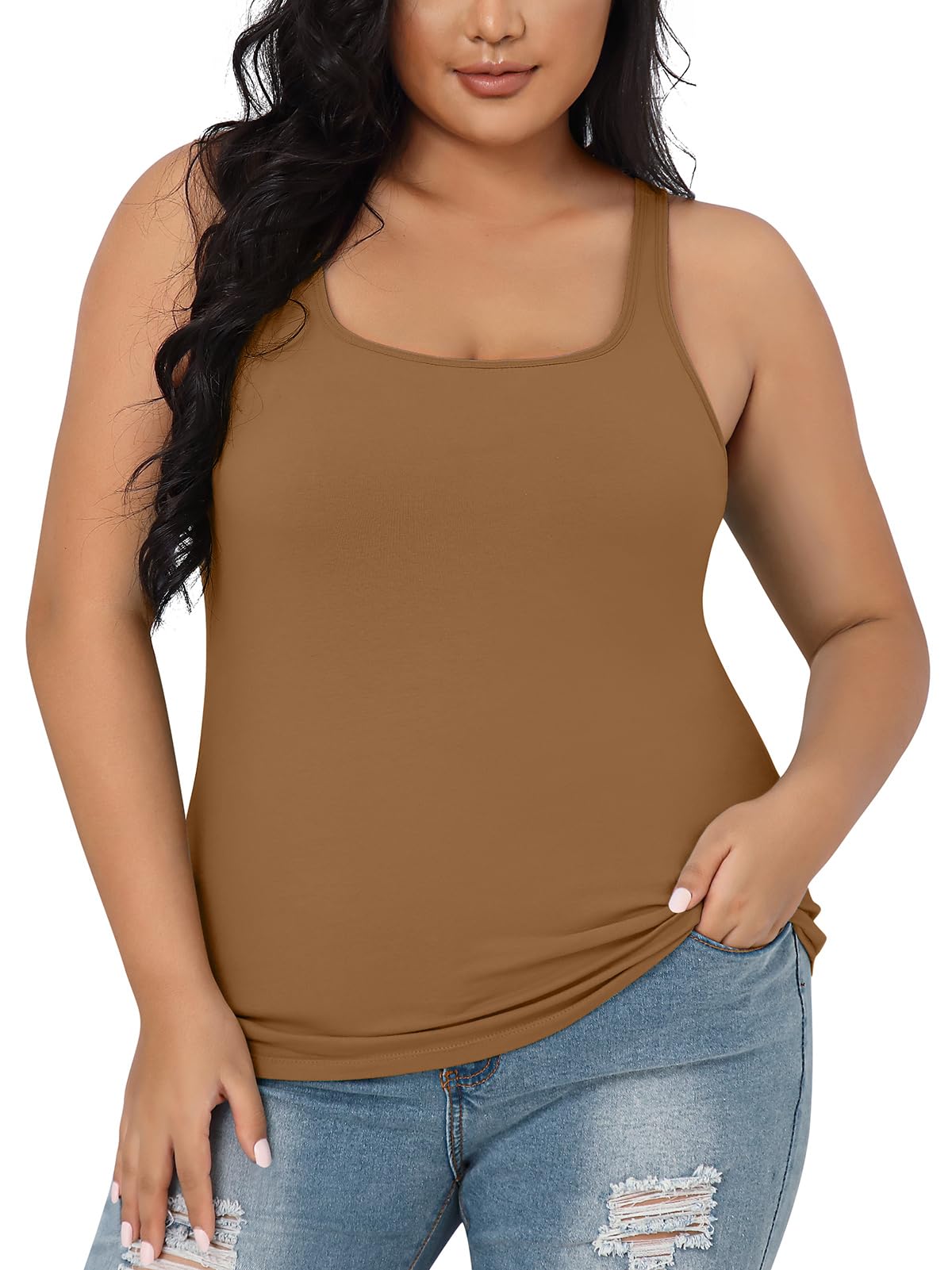 Photo 1 of V FOR CITY Plus Size Tank Top for Women with Shelf Bra Adjustable Wide Strap Camisole Summer Basic Cotton Udershirts Brown 2X