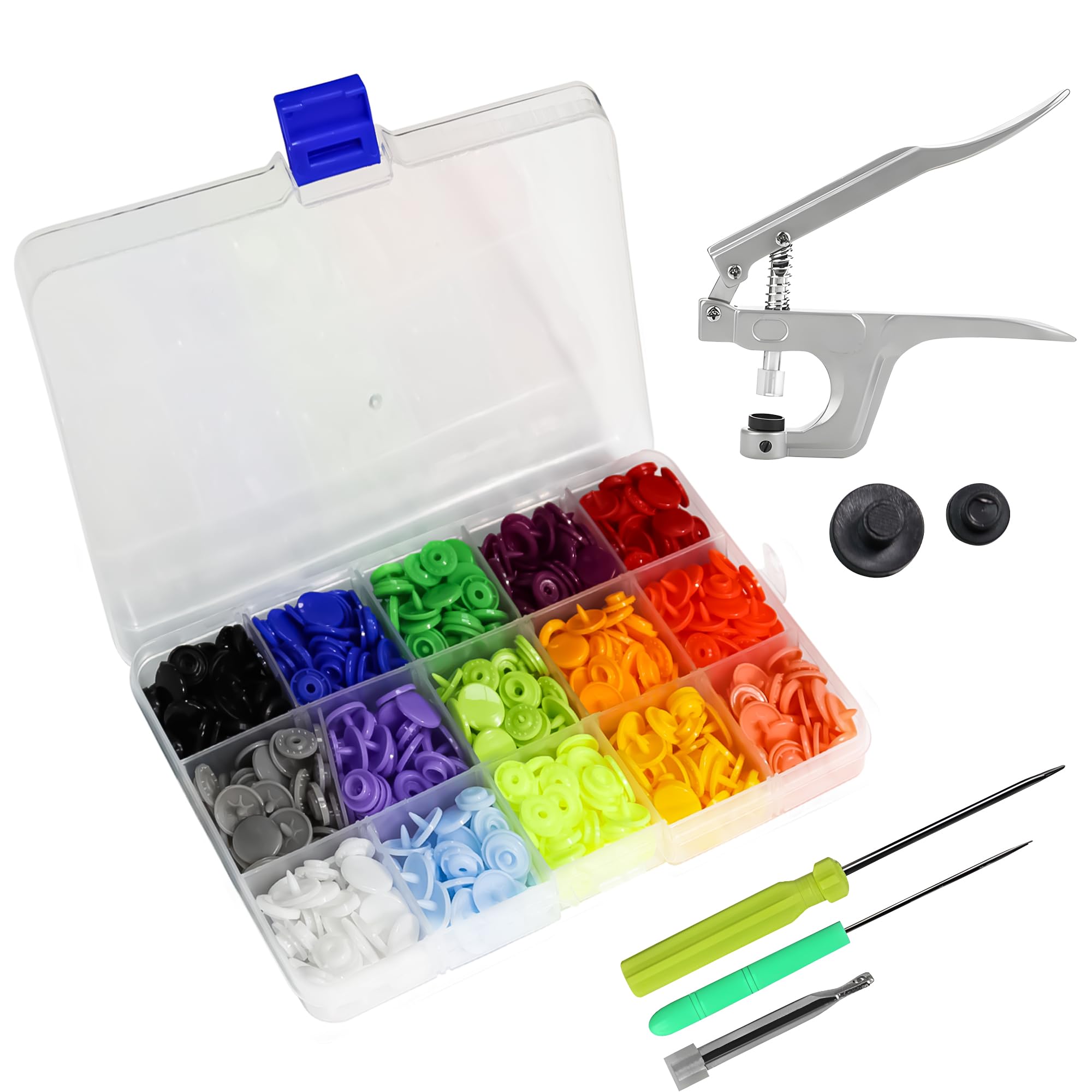 Trimming Shop 150 Sets Plastic Snaps Set with Snap Press Pliers, T5 No-Sew KAM Snap Starter Kit 15 Colours Poppers DIY Studs with Clear Storage Box for Woollen Clothing Kid Wear Fabrics Nappies Bibs
