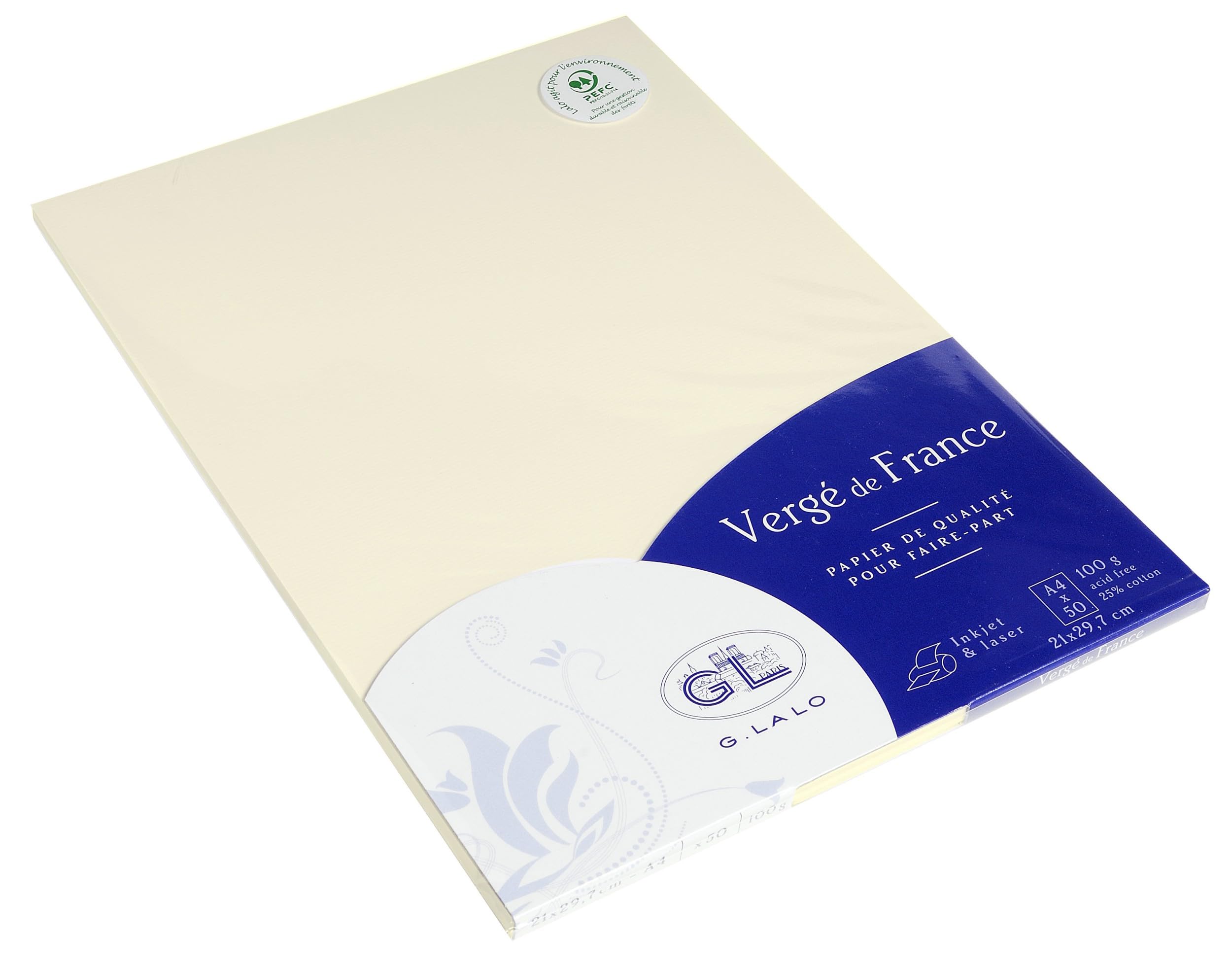 Lalo 47216L - Verge De France. Pack of 50 Sheets. Size: A4 21x29.7 cm 100g, Laid de France, Ivory, Lined, Correspondence, Sheets, Paper Made in France.