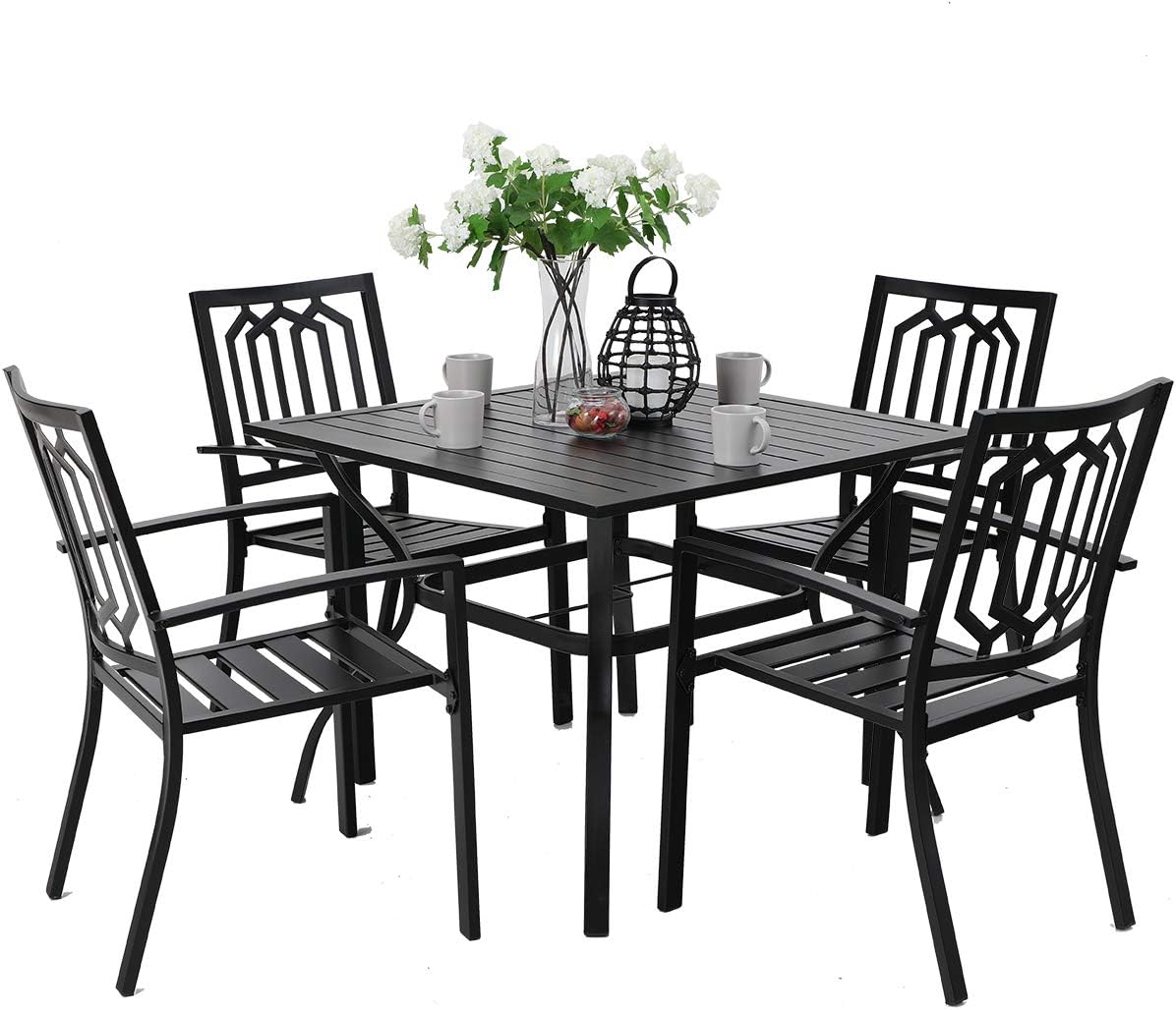PHI VILLA Outdoor Patio Dining Set with 37 inch Table and 4 Chairs - 5 Piece Black