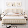 HITHOS Queen Size Bed Frame with Button Tufted Headboard, Upholstered Heavy Duty Metal Mattress Foundation with Wooden Slats, Easy Assembly, No Box Spring Needed (Golden/Off White, Queen)