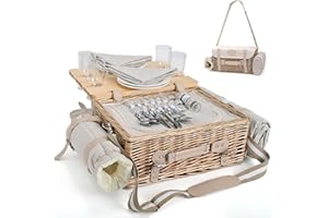 Multifunctional Wicker Picnic Basket Set for 4 with Blanket and Picnic Table, Insulated Picnic Set with Full Tablewares for C