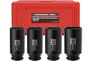 Mayouko 4PCS 1/2" Drive Deep Axle Nut Impact Socket Set, CR-MO, 12 Point Design, Metric, 30,32,34,36mm, 1/2 Inch Extra Deep I