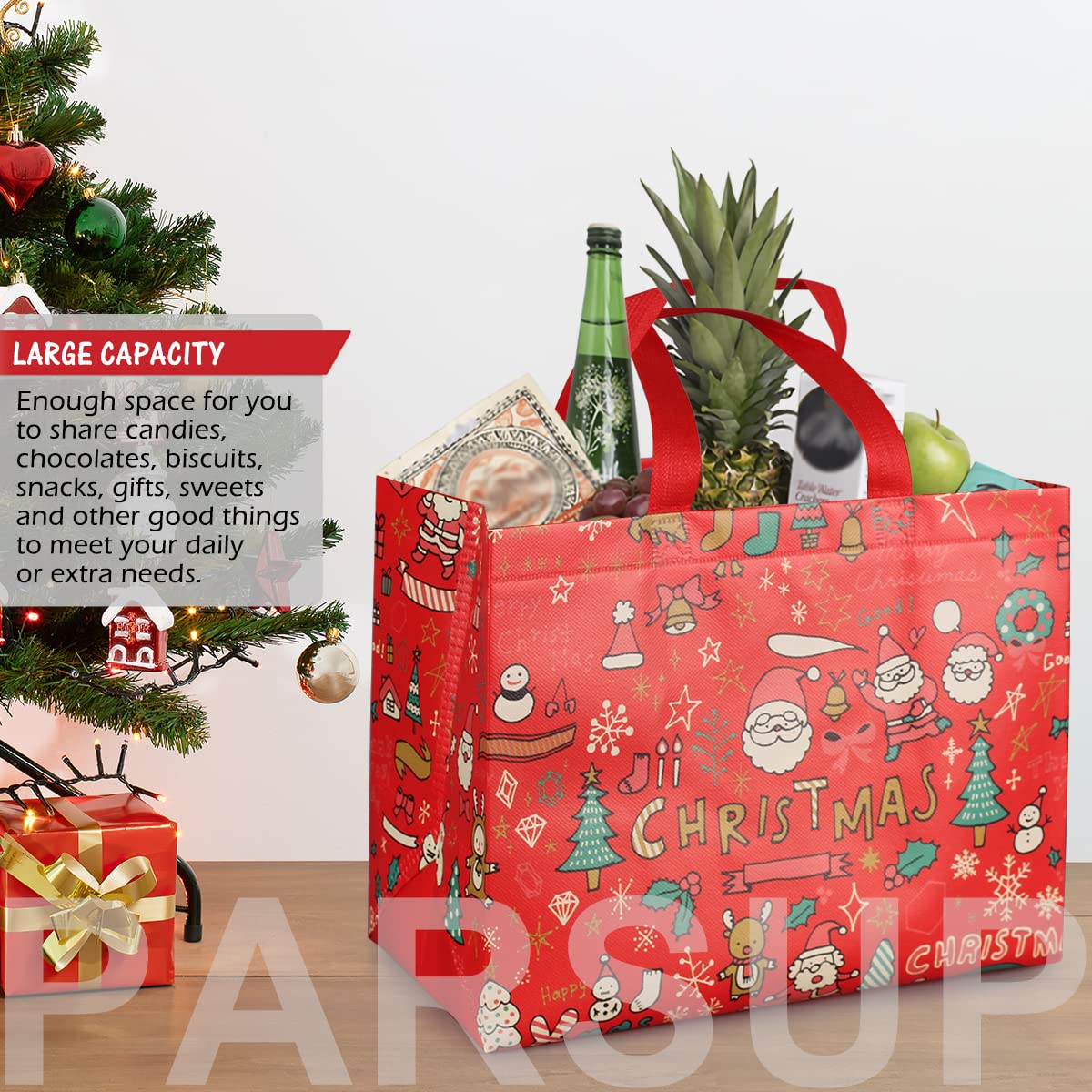PARSUP Christmas Gift Bags, Multifunctional Non-Woven Tote Treat Christmas Bags with Handles for Gifts Wrapping Shopping, Xmas Party Supplies