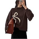 GORGLITTER Women's Bow Printed Sweater Tops Fall Casual Trendy Long Sleeve Crew Neck Winter Knit Christmas Sweaters