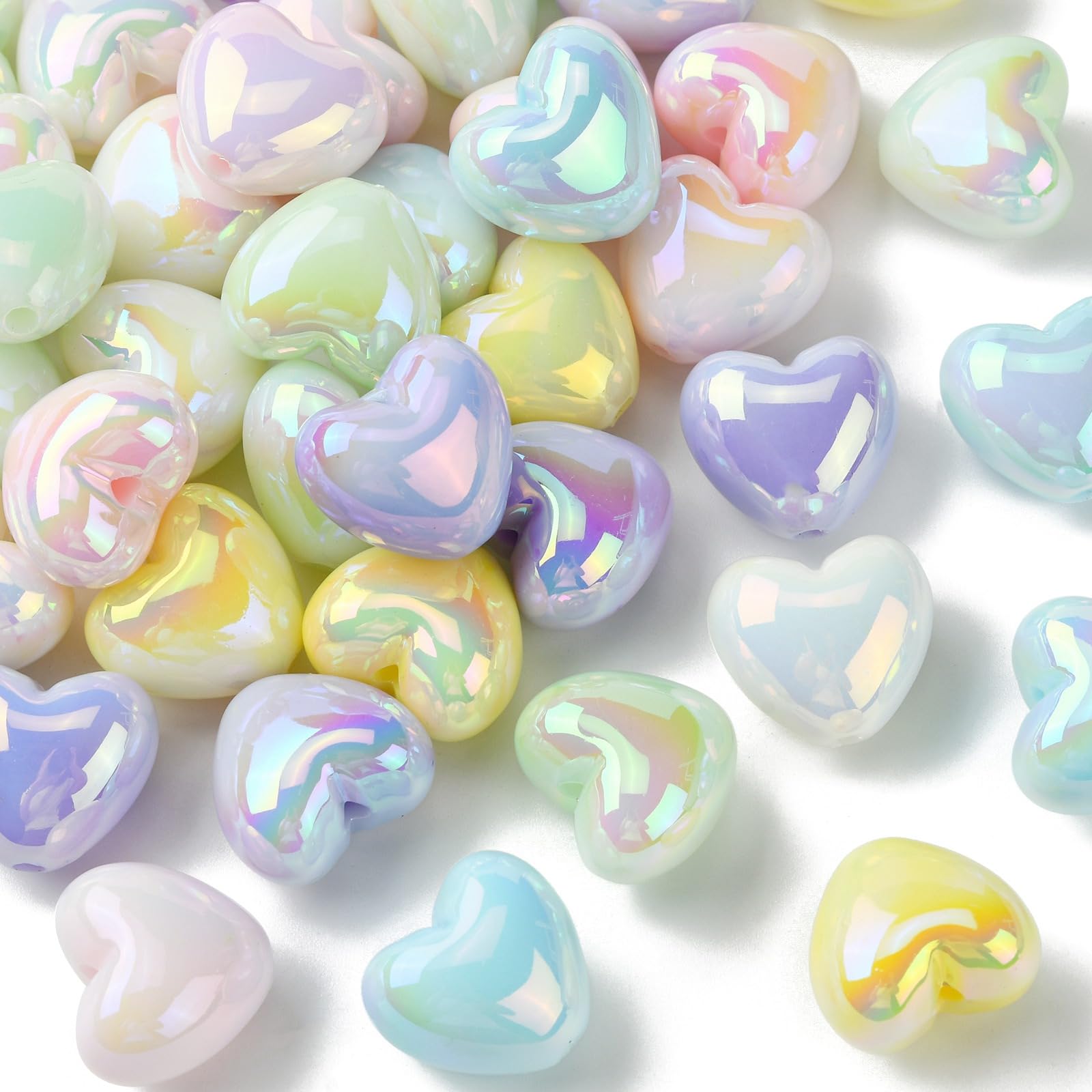 Stiesy 50 Pcs Iridescent UV Plating Acrylic Heart Beads Luminous Glow in The Dark Beads Love Heart Pastel Beads Spacers for DIY Bracelet Necklace Keychain Jewellry Making Craft