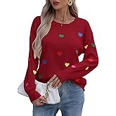 Allifewithu Women's Embroidered Sweater Long Sleeve Crew Neck Colorful Cute Heart Pullover Sweaters