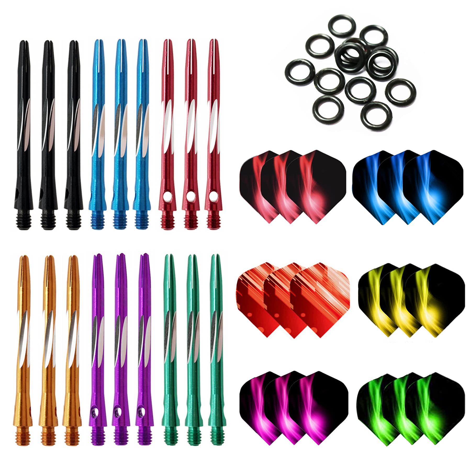 JpGdn 54 Pcs Darts Shafts and Flights Aluminum 2BA Medium Dart Stems Assorted Thread Throwing Fitting with O'ring for Indoor Dart Games Professional Dart Accessories