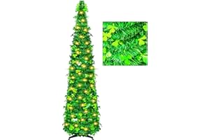 HIIXHC St Patricks Day Artificial Christmas Tree with 100 Lights, 5 Ft Pop Up Collapsible Tinsel Christmas Tree with Christmas Decorations for Home Fireplace Party Indoor Outdoor (Green-Clover)