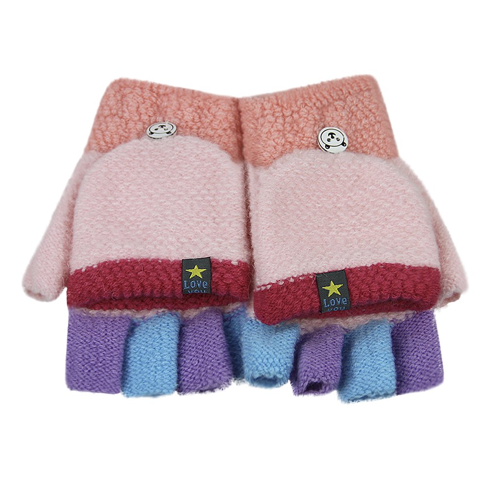 Baby Toddler Knitted Convertible Fingerless Gloves Cartoon Warm Flip Top Gloves Mittens Super Soft Windproof Cold-proof Outdoor Gloves Gifts for Kids (3-8 Y)