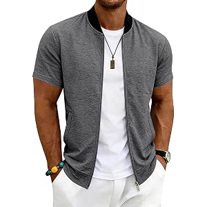 Mens Short Sleeve Zip Up Stand Collar Baseball Varsity Bomber Jacket Lightweight Athletic Cardigan with Pockets Workout