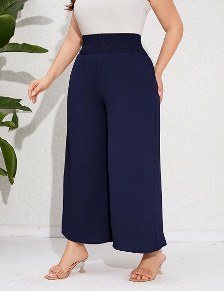 SHOPWONDER PLUS SIZE CASUAL PANTS FOR WOMEN ELASTIC HIGH WAIST TROUSERS WIDE LEG COMFY LOUNGE BOHO SUMMER PANTS WITH POCKETS NAVY BLUE XL
