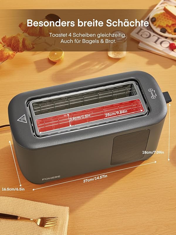 Toaster 4 Scheiben, 1400W Edelstahl Langschlitz Toaster, 9 Farbeinstellungen und 3 Brotsorten, Abbruch/Auftau/Aufwärmfunktion,Touchscreen Bedienung, mit Brötchenaufsatz, Grau — Foto 7 von 8