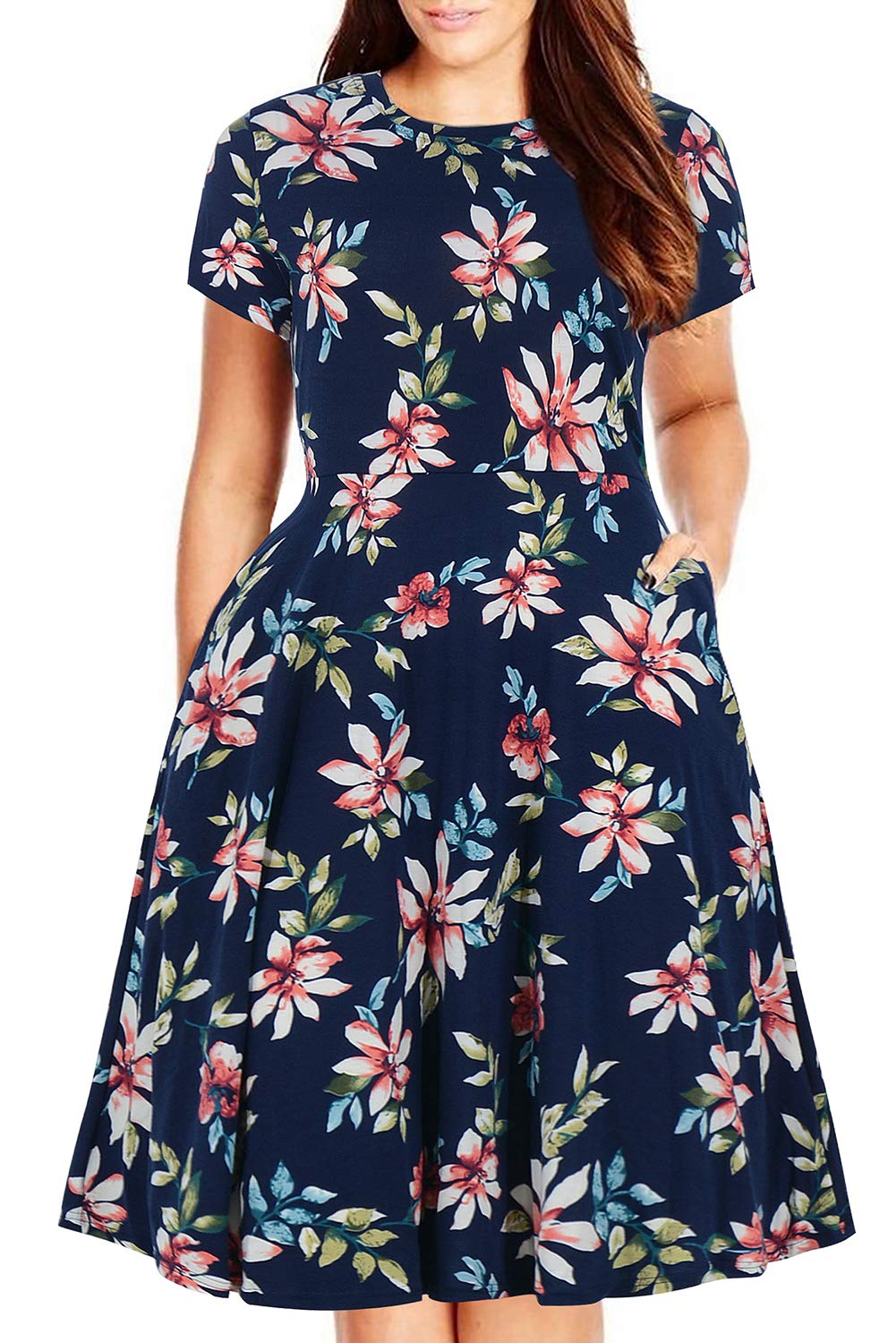 Nemidor Women's Round Neck Summer Casual Plus Size Fit and Flare Midi