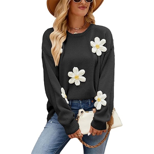 Women's 3D Flower Knit Pullover Sweaters Y2k Long Sleeve Crew Neck