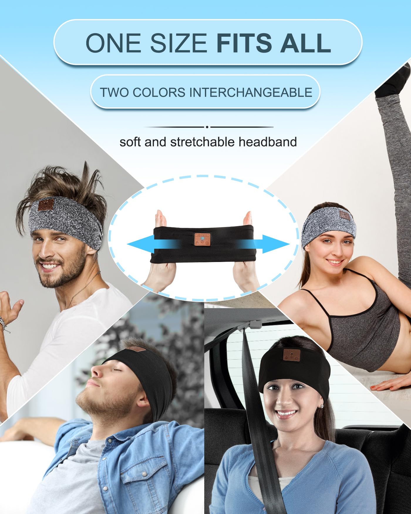 2-Pack Sleeping Headphones, Headband Headphones with Ultra-Thin HD Stereo Speaker, Bluetooth Headband for Sports, Workouts, Insomnia, Yoga, Air Travel, Meditation - Black&Grey