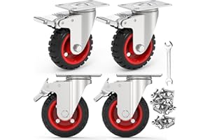Homhoo 5" Swivel Caster Wheels with Safety Dual Locking and Rubber Tire Wheels, Heavy Duty - 350 Lbs Per Caster for Workbench, Cart, Trolley, Dolly, Cabinet, Compact Rubber Castor Wheels, 4-Packs