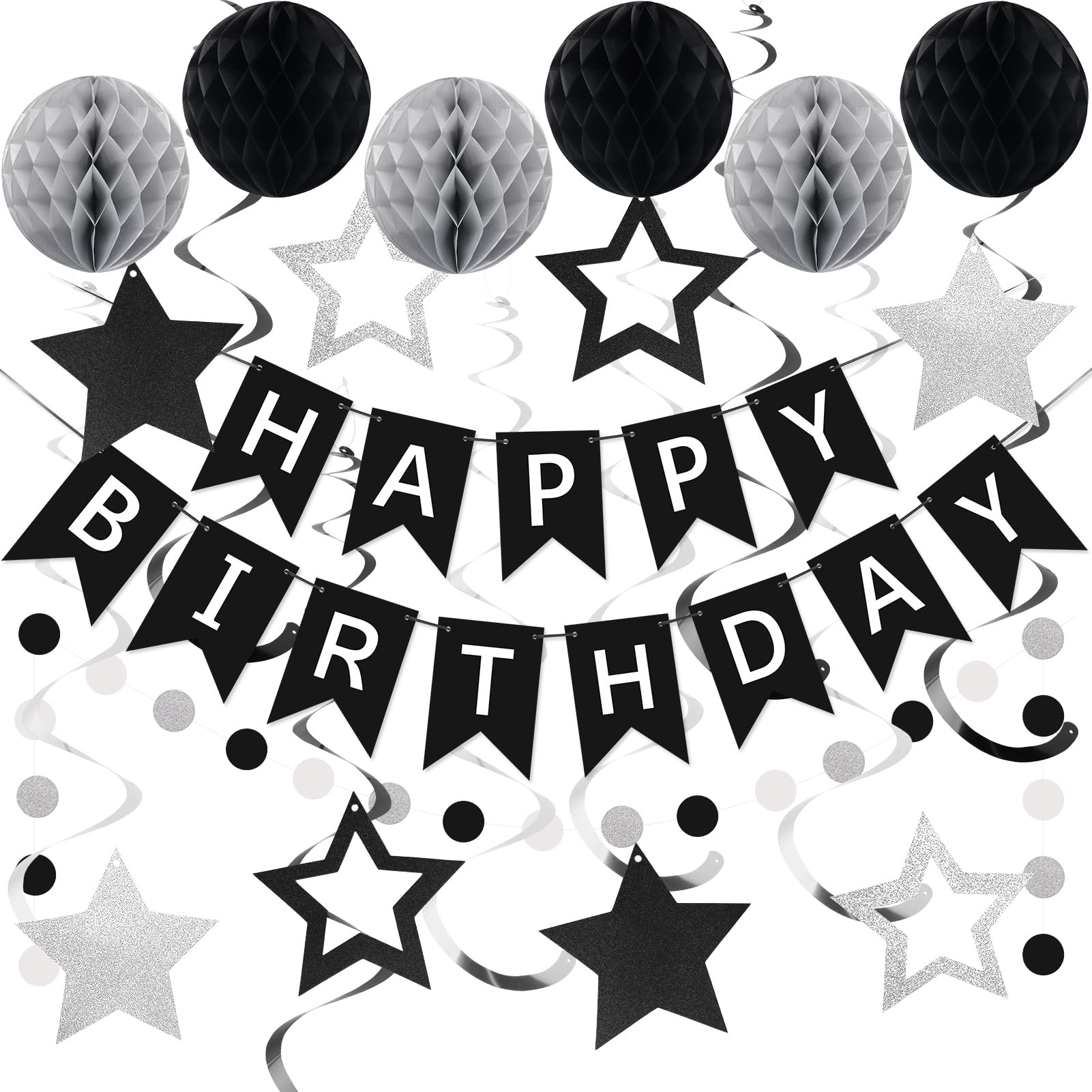 Photo 1 of meowtastic Birthday Decorations, Happy Birthday Banner with Honeycomb Balls, Star Hanging Swirl Streamer, Circle Dot Garland, Happy Birthday Party Decoration for Women Men Boys Girls (Black & Silver)