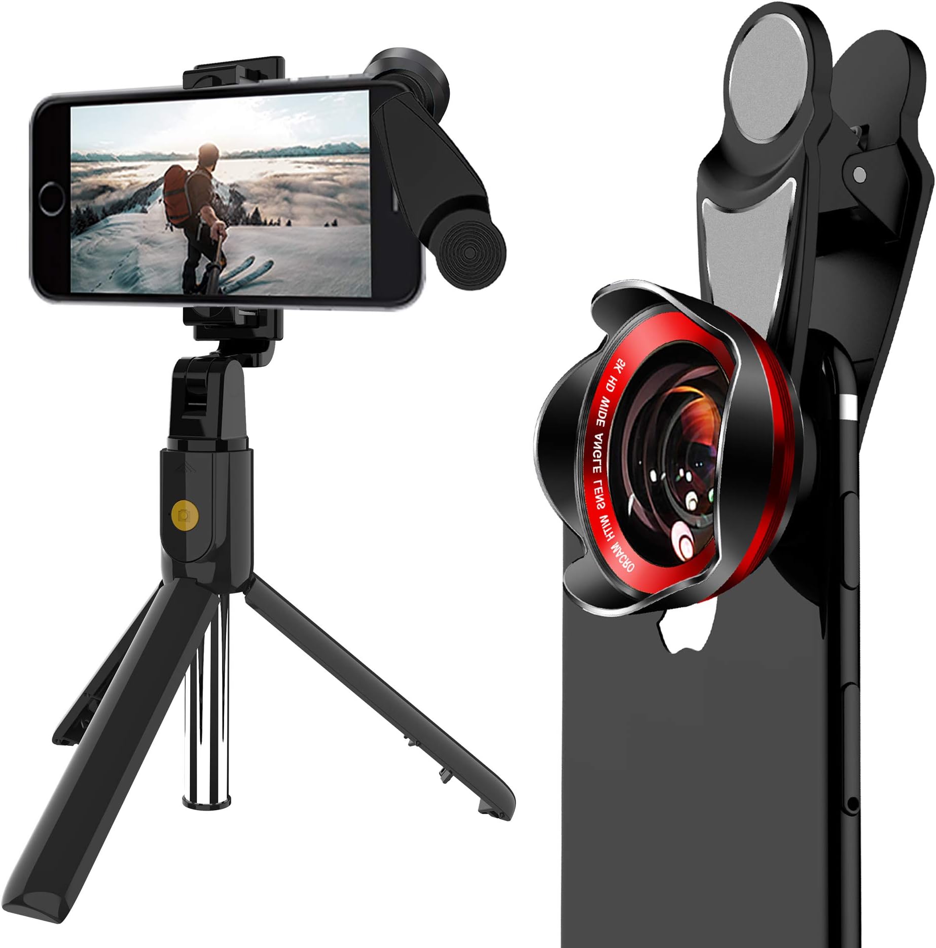 Phone Camera Lens Kit -HD Wide Angle and Macro Lens, Extendable Selfie Stick Tripod with Wireless Bluetooth Remote. Compatible with iPhone/Samsung/Google Pixel etc. (2 in 1 kit)