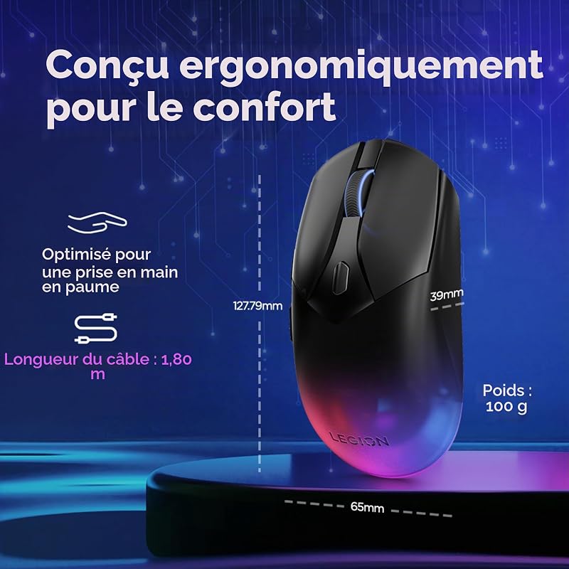 Legion M410 Souris de Gaming sans Fil RGB (6 Boutons, lumière RVB à 2 Zones, 16 000 dpi, 400 IPS, Batterie Rechargeable de 53 Heures, Compatible avec Nvidia Reflex) - Noir Transparent