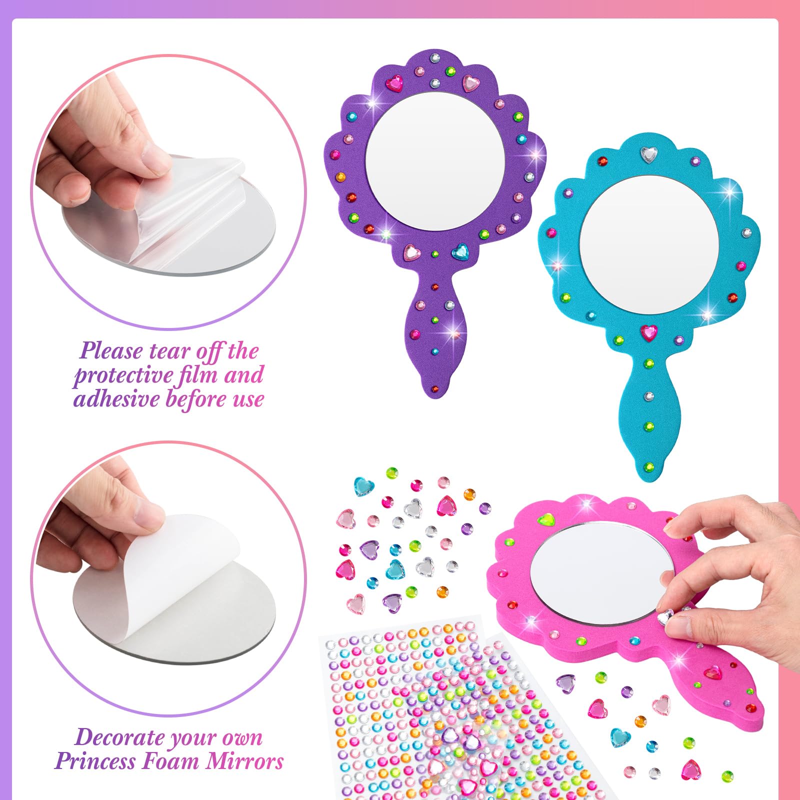 Geetery 20 Pcs Unbreakable Kids Mirror DIY Decorate Your Own Princess Mirror Mermaid Foam Small Crafts Princess Party Decorations(Pink, Purple, Turquoise)