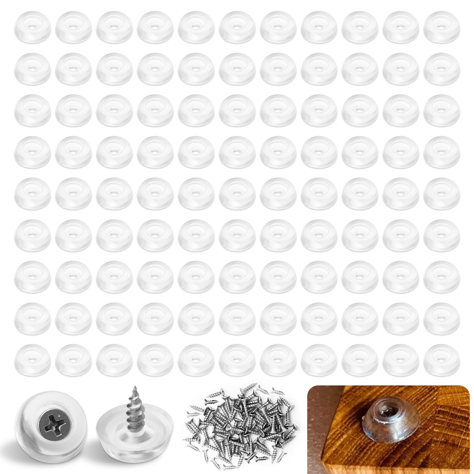 Photo 1 of 100-Pack Rubber Feet for Cutting Board with Stainless Steel Screws, 0.2 x 0.62 (HD), Non Slip & Non Marking Feet for Furniture, Cutting Boards, Chairs (Clear)
