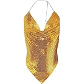 Womens Sexy Sequin Halter Crop Top Metallic Glitter Backless Deep V Sleeveless Tank Top Body Chain Top ClubParty Outfit