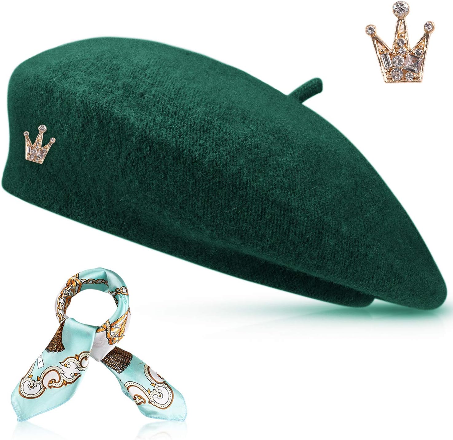 Jeicy Wool Beret Hat Solid Color French Beret with Skily Scarf and Brooch
