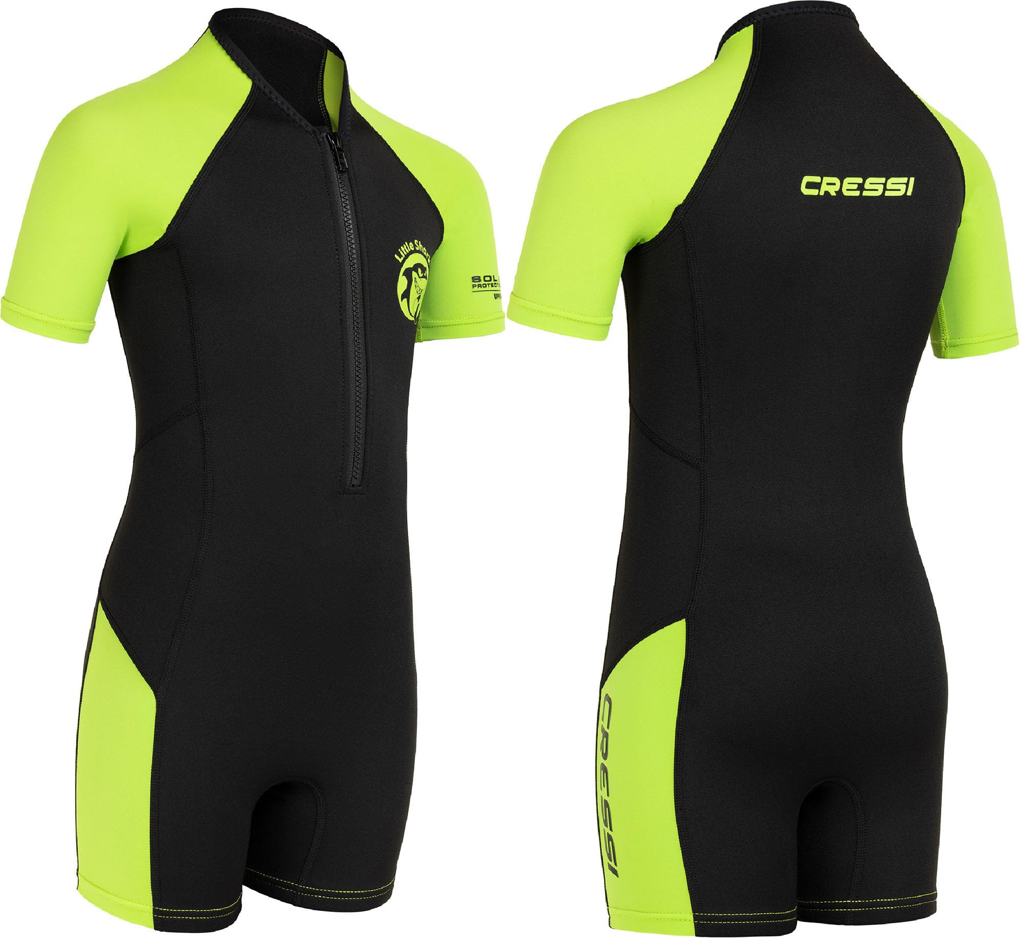Cressi Little Shark Shorty Wetsuit - High-Stretch Neoprene for Kids Wetsuit - Short-Sleeve Swim Suit - Neoprene Swimsuit - Black/Lime - 11/12 Years
