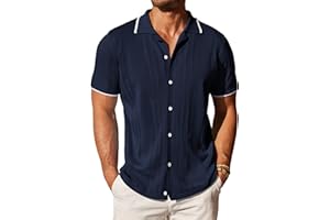 COOFANDY Men's Knit Button Down Shirt Vintage Short Sleeve Polo Shirts Casual Beach Tops