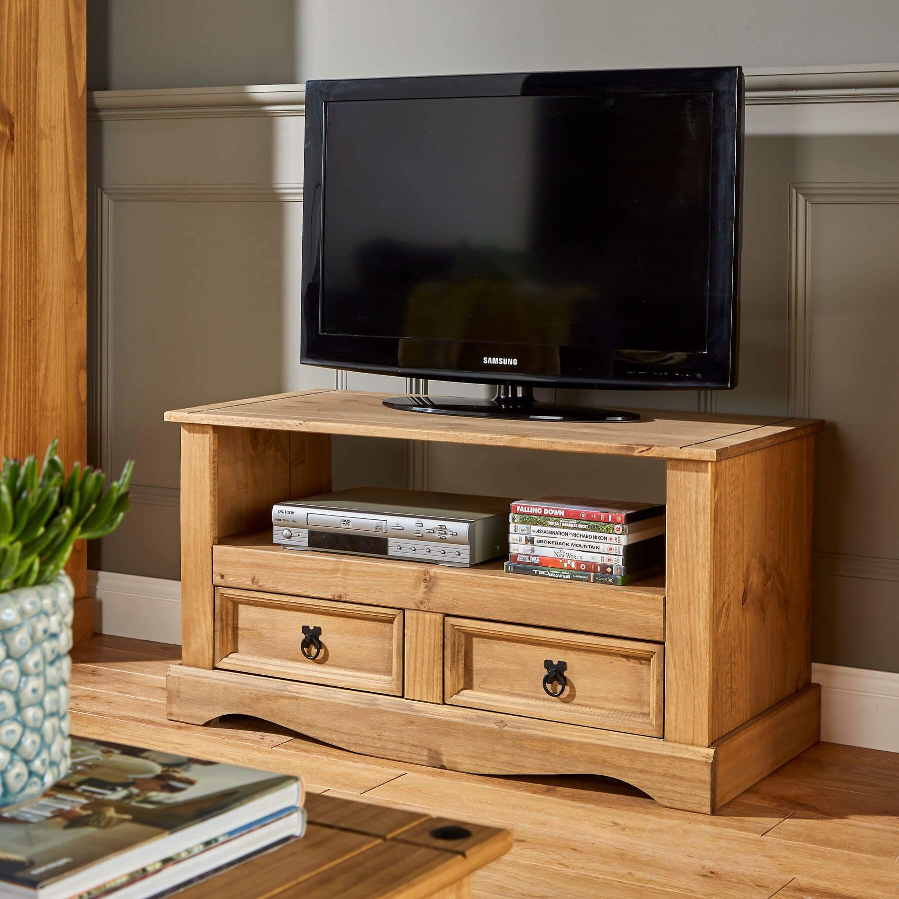 Home Source TV Stand Entertainment Unit Solid Pine 2 Drawer Corona Television Cabinet