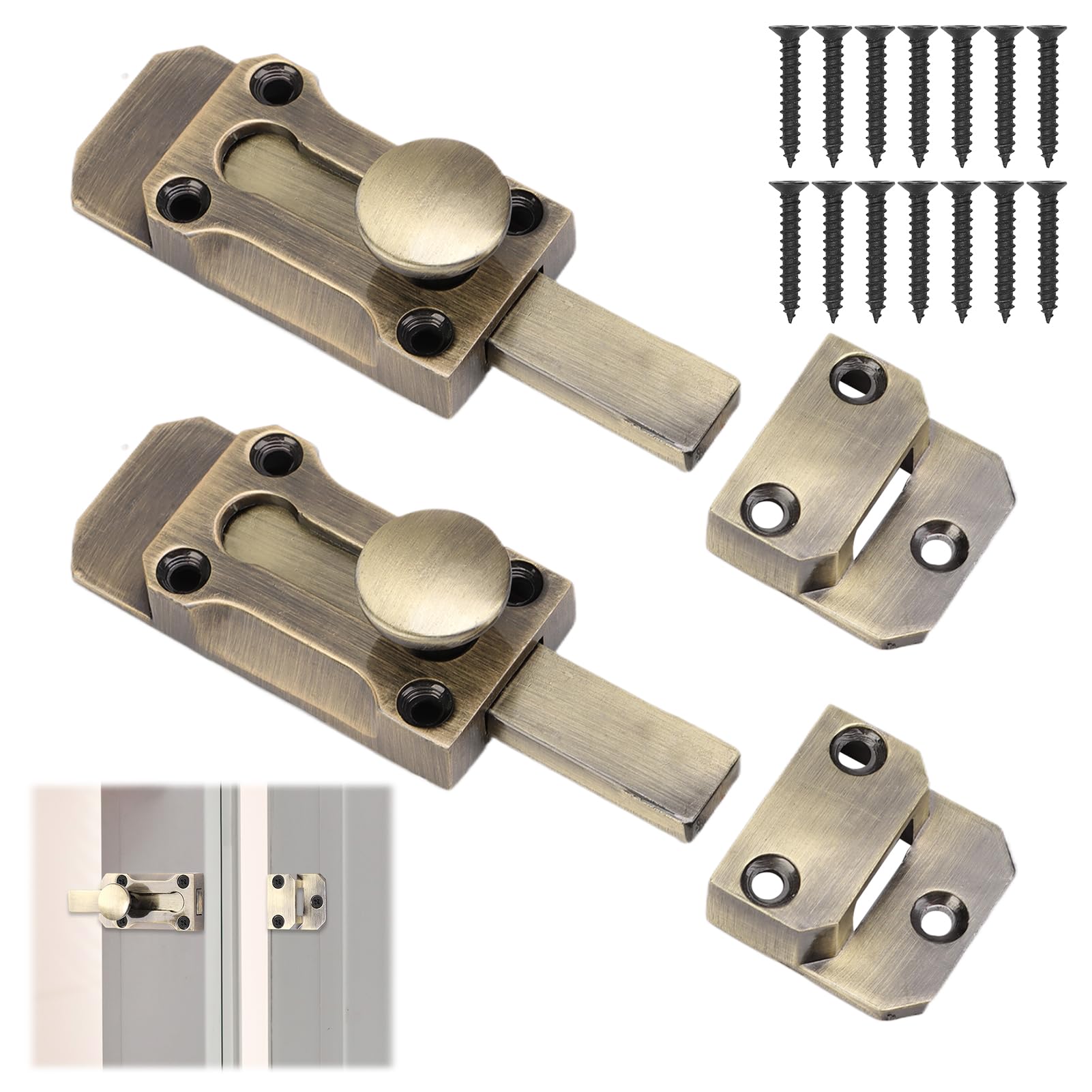 2 Pack Barrel Slide Door Bolts 3 Inch Brass Door Bolt Heavy Duty Door Locks Internal Antique Zinc Alloy Security Latch Lock with Screws for Securing Internal External Doors, Bronze Tone
