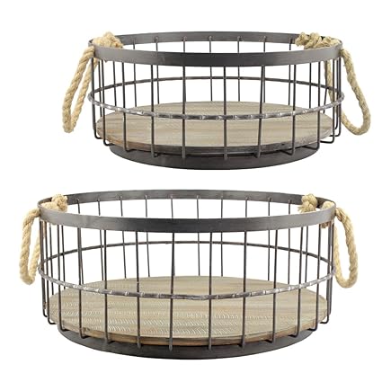 Stonebriar 2pc Round Stackable Metal Wire And Wood Basket Set With