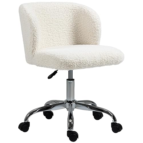 HOMCOM Office Chair, Teddy Fleece Upholstered Swivel Desk Chair with Wheels, Adjustable Height and Backrest for Home Office, White
