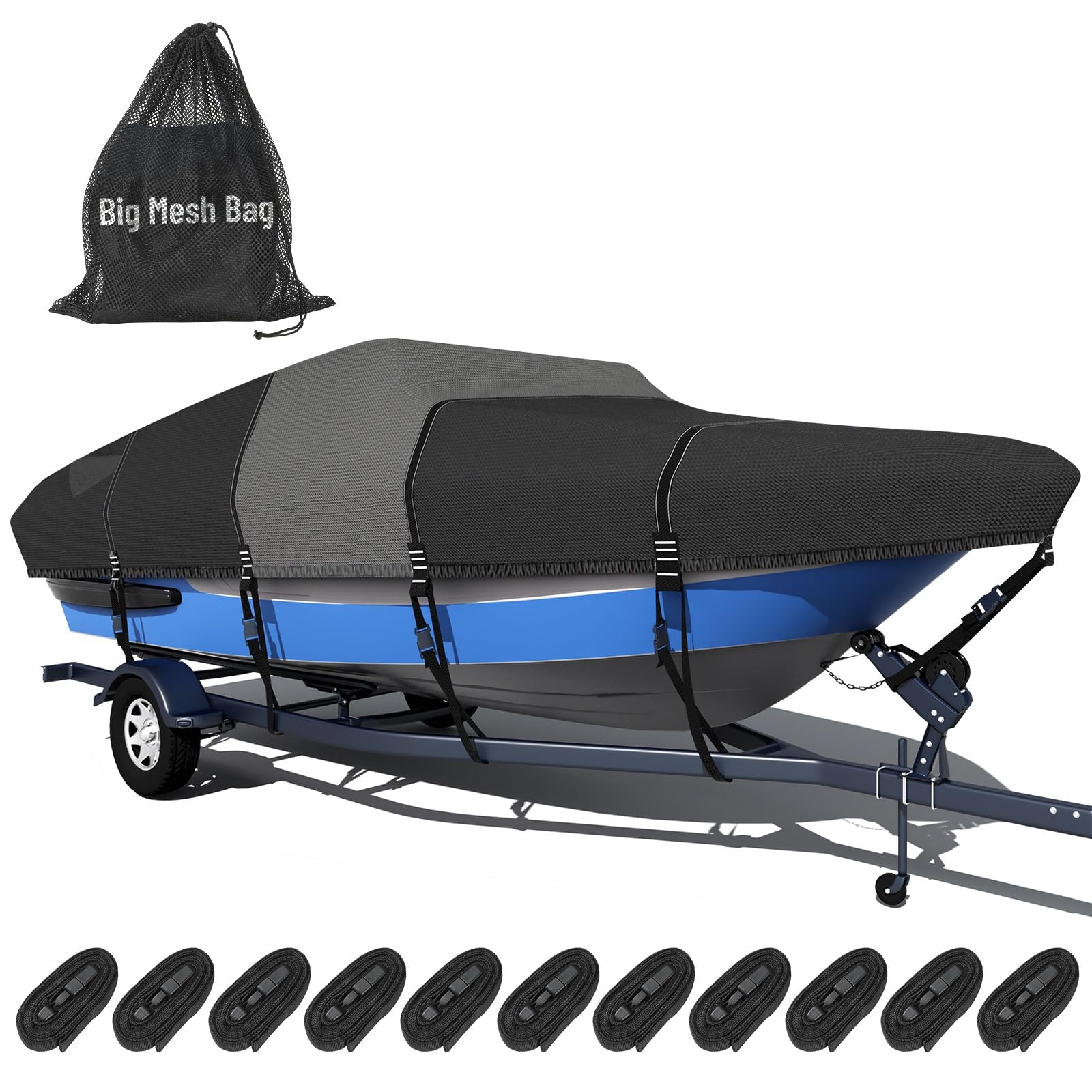 Photo 1 of 1600D + 1200D Boat Cover with 2" Wide Loops for Trailering and Mooring - Ultra Durable Waterproof Fits 20-22ft Tri-Hull, V-Hull, Runabout, Fish & Ski Boat, Bass Boat, with Storage Bag