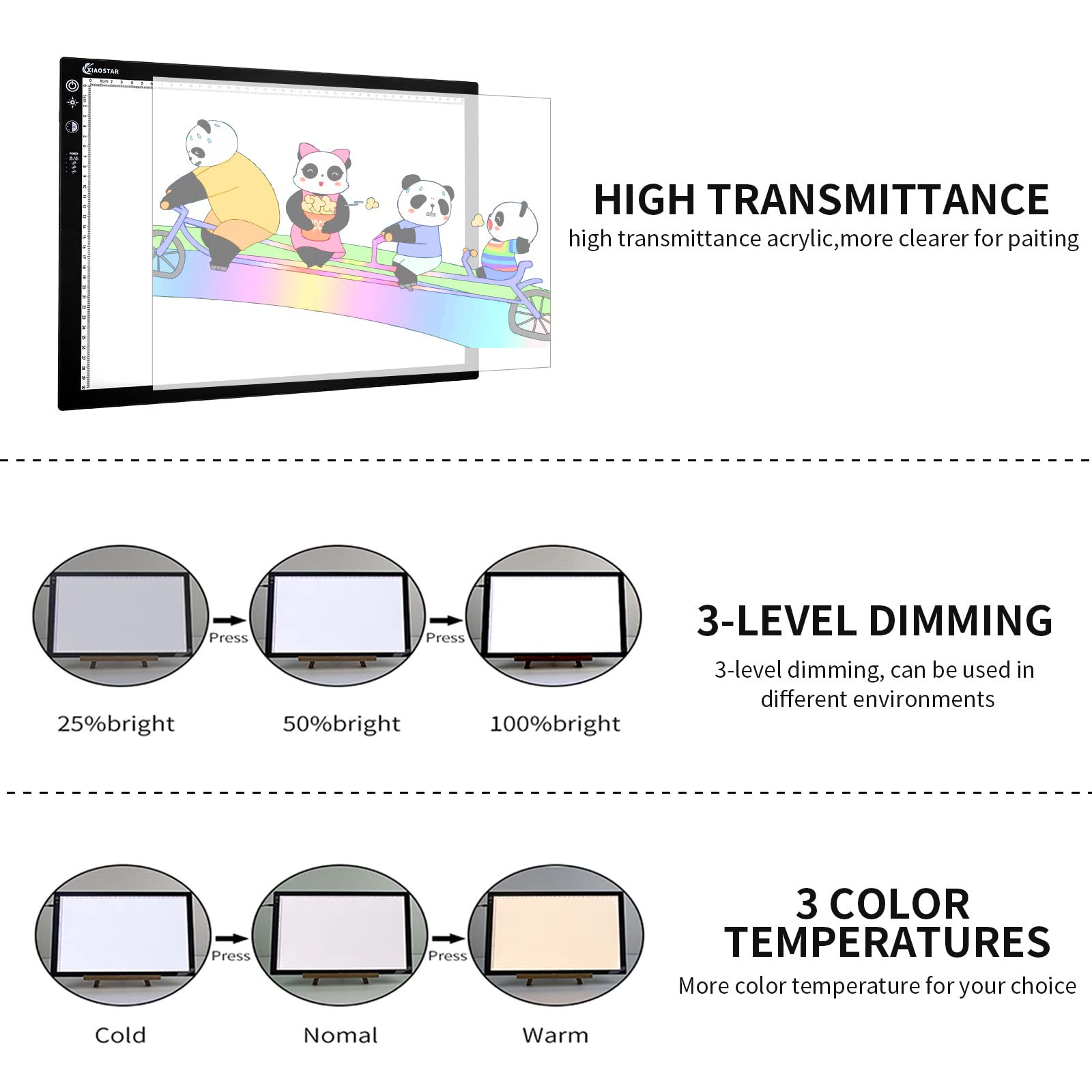 Light Box Drawing Pad A3, Dimmable 3 Brightness and Colour Temperature with Type-C Charge Cable and Brightness Adjustable for Artists, AnimationDrawing, Sketching, Animation, X-ray Viewing (A3-STK)