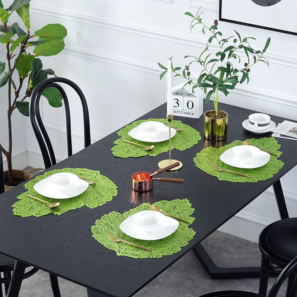 Hosoncovy Placemats Set of 4 ,Table Mats Set Washable PVC Non-Slip Heat Resistant Table Place Mats Dinner Mats Leaf Hollow Placemat Meal Mat for Kitchen and Dining Room （Green)