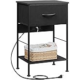 WLIVE Night Stand with Charger Station, Small Nightstand with 1 Fabric Drawer and Open Wood Shelf, 25" H Bedside Table for Bedroom, 2-Tier Storage Side Table for Dorm, Entryway, Black
