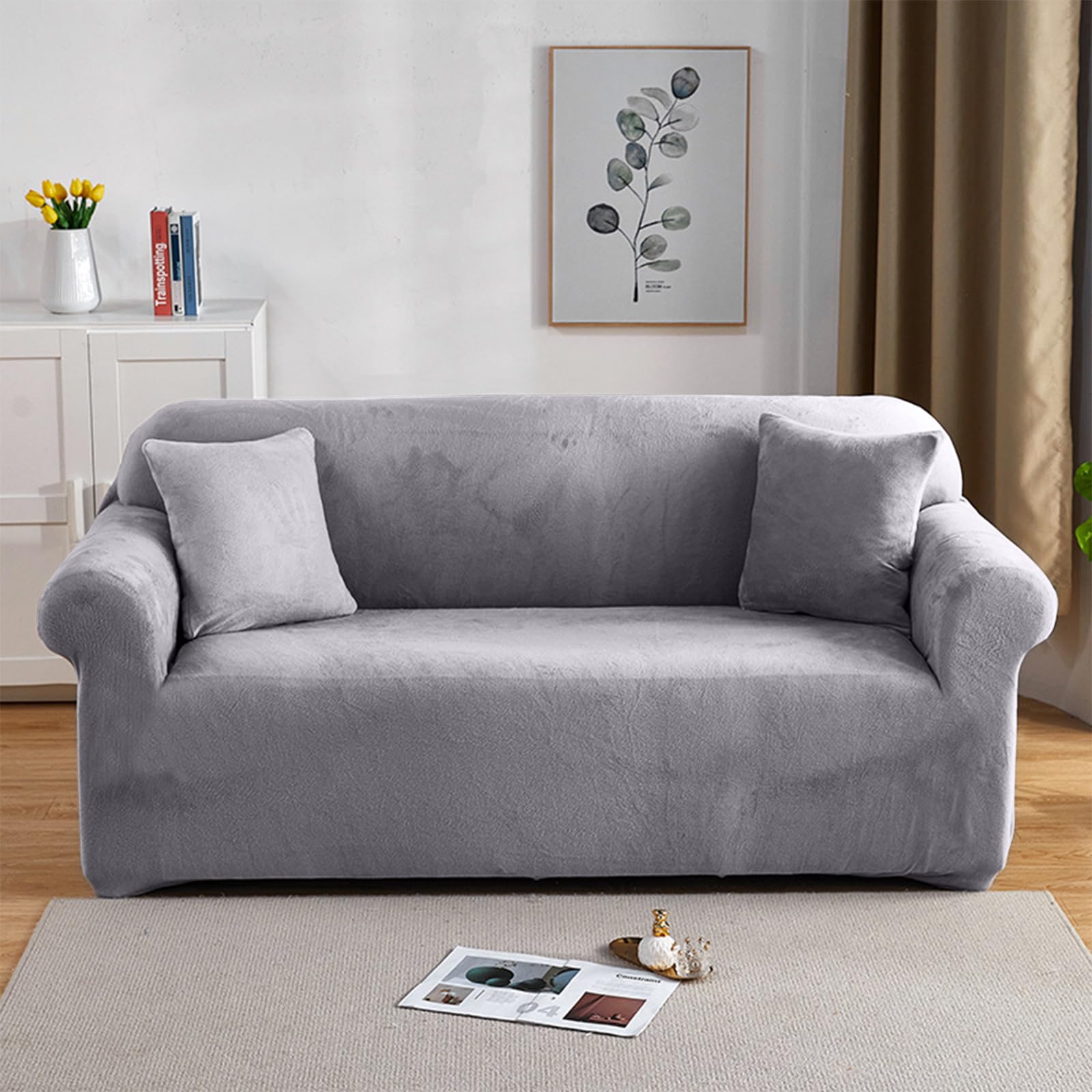 PETCUTE Elastic sofa covers 2 Seater sofa slipcovers velvet thick couch cover sofa covers Grey
