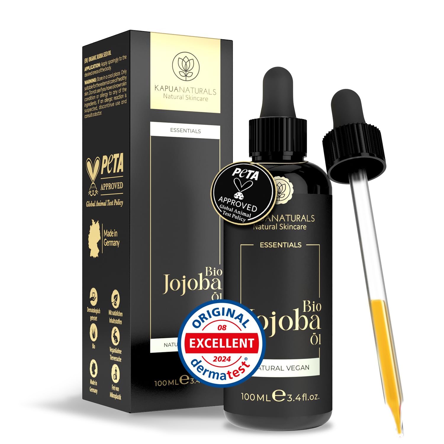 Organic Jojoba Oil • 100ml • 100% Pure & Natural • For Hair, Skin, Scalp, Eyelashes, Eyebrows, Beard & Nails • Cold-Pressed • Vegan